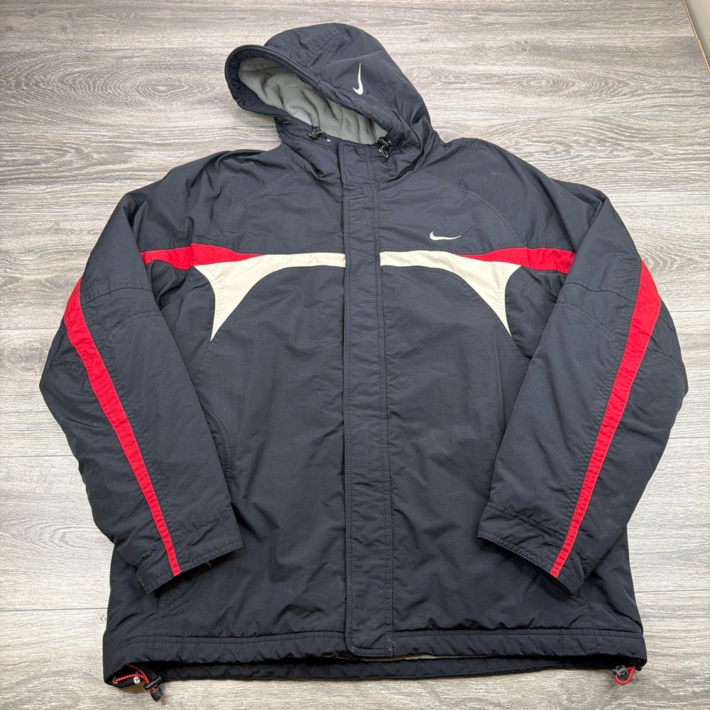 Vintage Nike Jacket Mens Large Black Red Fleece Lined Hooded Windbreaker 90s